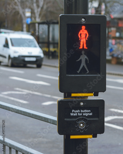 British Pelican Crossing A, Showing Pedestrians when is safe to cross the road, shallow depth of field