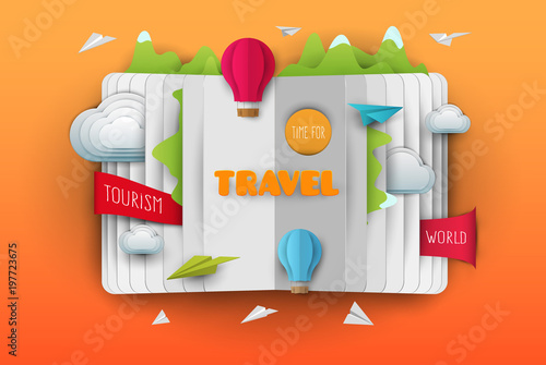 3d vector paper cut open book with mountain, airplane and balloon . Cartoon art illustration in minimalistic craft carving style. Modern layout colorful concept for background cover, poster, card.
