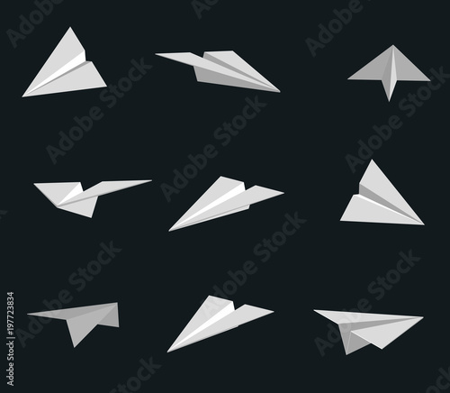 Set of vector handmade paper planes isolated on black background. Origami illustration.