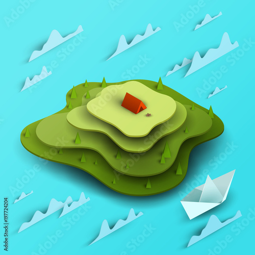 3d vector paper cut green island on water with waves and boat. Cartoon art illustration in minimalistic craft carving style. Modern layout colorful concept in isometric view for games or mars.