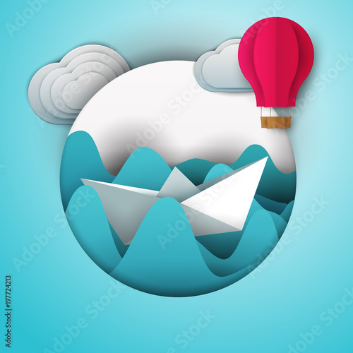 3d vector paper cut water waves, boat and clouds . Cartoon art illustration in minimalistic craft carving style. Modern layout colorful concept for background cover, poster, card.