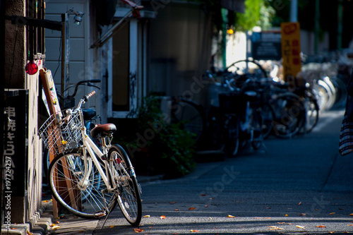 Bicycles in Tokyo, Japan. Tokyo has many bicycles since the land is pretty flat. Many Japanese people ride bicycles as a transport.