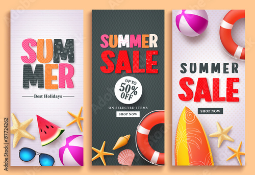 Summer sale and summer greeting vector poster design set with colorful 3D text and beach holiday elements in white and black pattern background for summer season template design.
