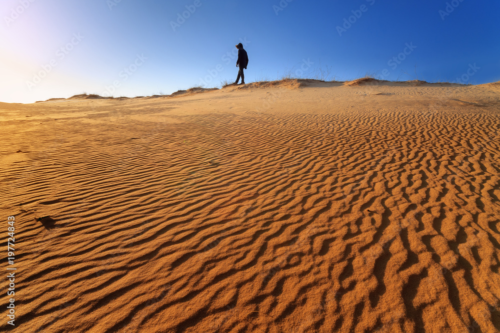 walking through the dunes /person looking towards the sun walking through the dunes /person looking towards the sun