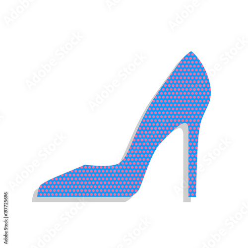 Woman shoe sign. Vector. Neon blue icon with cyclamen polka dots