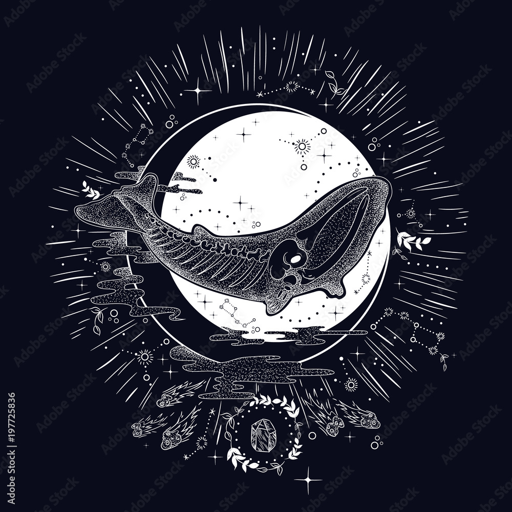 Fototapeta premium vintage retro vintage style engraving. the skeleton of a dead whale. phase of the moon. sketch for printing on fabric and clothing. trend vector