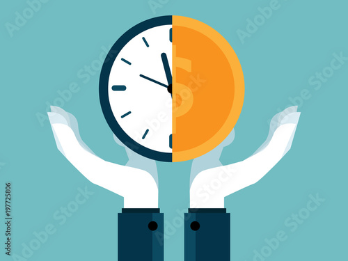 time is money concept human hands holding half of clock and money coin