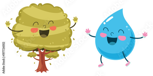 Vector Illustration Of Cartoon Tree And Raindrop