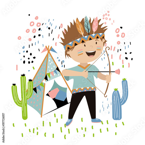 character child. the boy shoots from the bow. game of the Indian. vector
