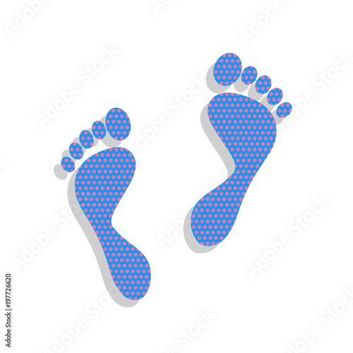 Foot prints sign. Vector. Neon blue icon with cyclamen polka dot