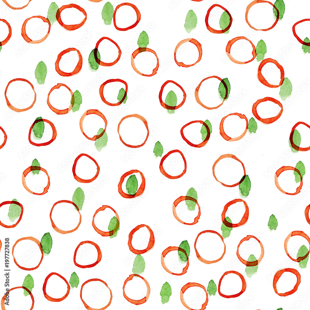 Obraz premium Orange circles and green brush strokes on a white background. Watercolor seamless pattern