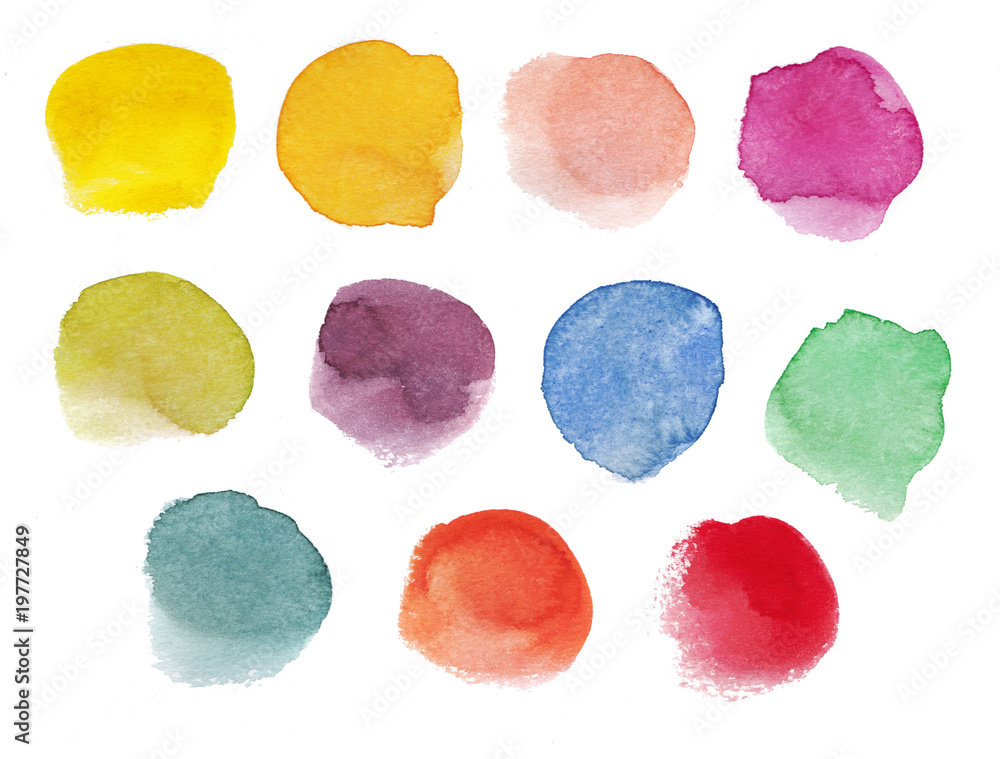 Colorful watercolor round spots on a white background
