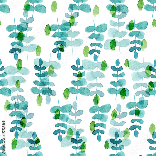 Eucalyptus branches on a white background. Plants watercolor seamless pattern
