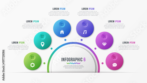 Circle chart template with 6 options. Vector design for infograp