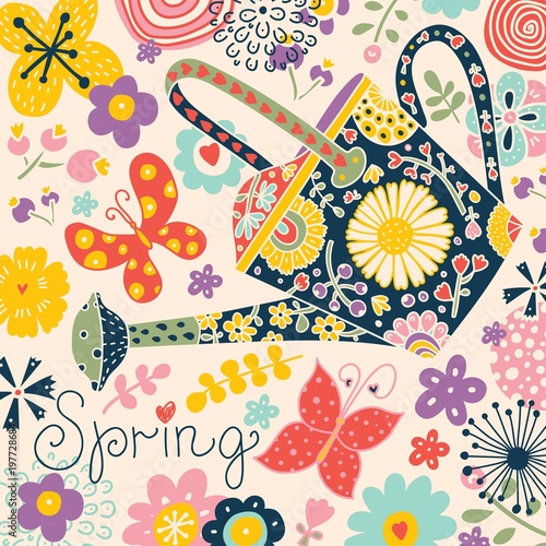 Garden watering can, flowers and spring! Nice card.
