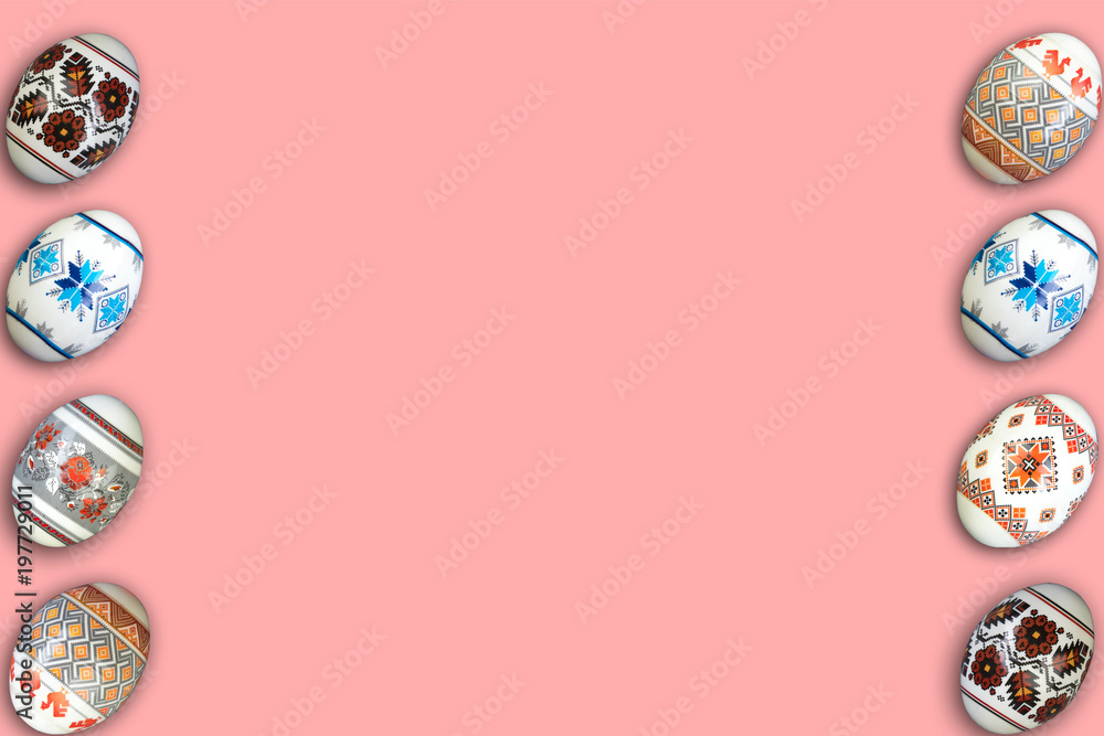 Happy Easter card. Colorful shiny easter eggs on pink background. Copy space for text. Happy Easter card. Colorful shiny easter eggs on pink background. Copy space for text.
