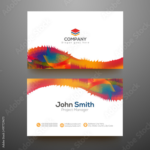 Horizontal business card with front and back presentation.