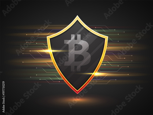 Bitcoin shield on colorful grey background.