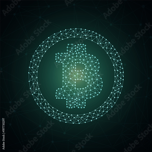 Shiny golden bitcoin symbol on green background.