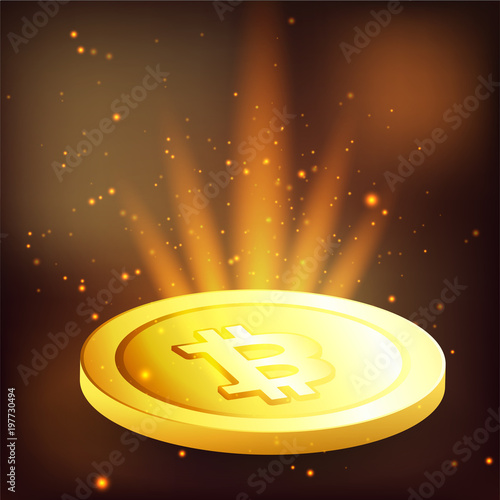 Shiny golden bitcoin on brown background.