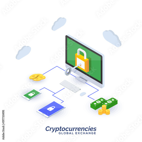 Cryptocurriencies, global exchange concept, digital curriencies conversion to money.