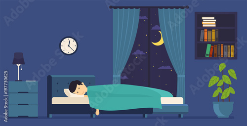 Man sleeps at night in bed. Room with a window at night.
