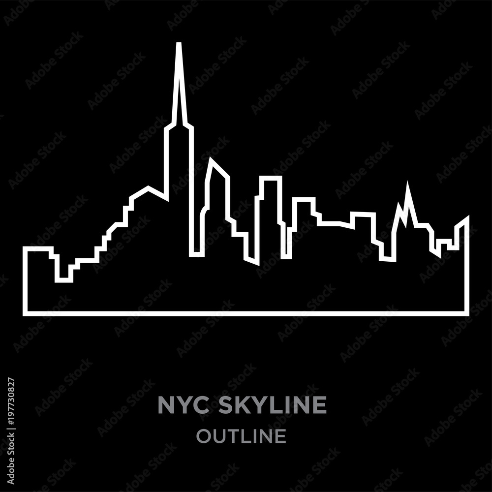 white border nyc skyline outline on black background, vector illustration
