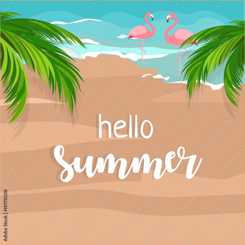 Hello summer calligraphy. Sand beach, sea, palm, flamingo. Flat vector illustration.