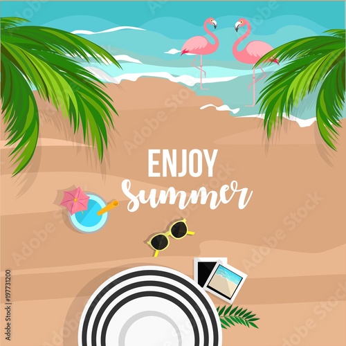 Enjoy summer. Tropical background. Sand beach, sea, flamingo, palm, hat glasses, cocktail. Flat vector illustration.