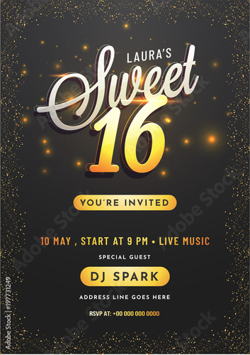 Invitation card design for Sweet 16 party celebration.