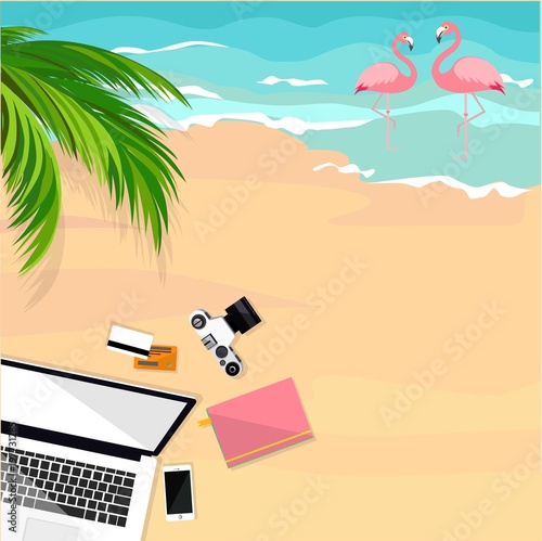 Freelance concept. Summer background. Laptop, camera, credit card, notebook, palm , see. Place for your text.