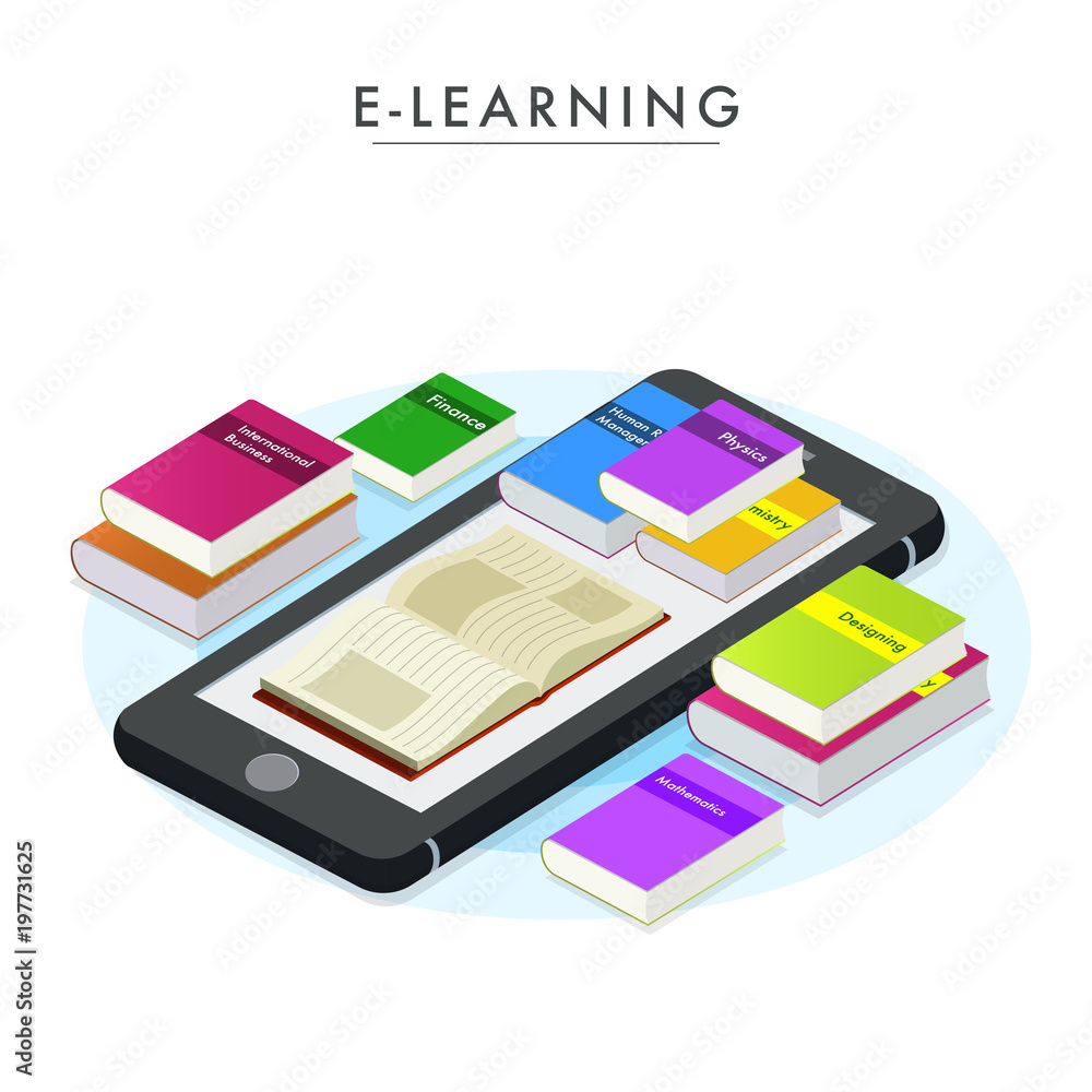 e-Learning concept with 3D books on smart phone device. e-Learning concept with 3D books on smart phone device.