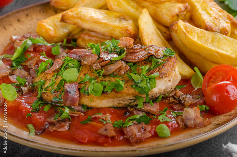 Chicken steak with herbs, homemade french fries Chicken steak with herbs, homemade french fries