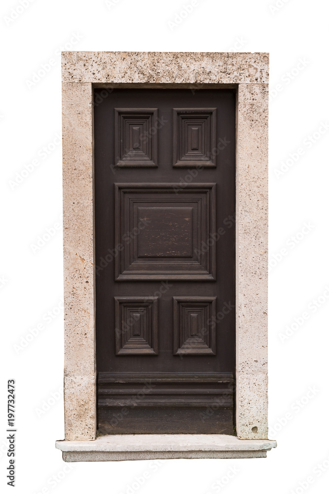 Old carved brown wooden door isolated on white background, surface. House or building exterior detail and decoration. Old and retro wooden door. Clipping path. Old carved brown wooden door isolated on white background, surface. House or building exterior detail and decoration. Old and retro wooden door. Clipping path.