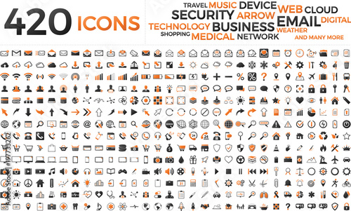 Black and orange web business technology icons set