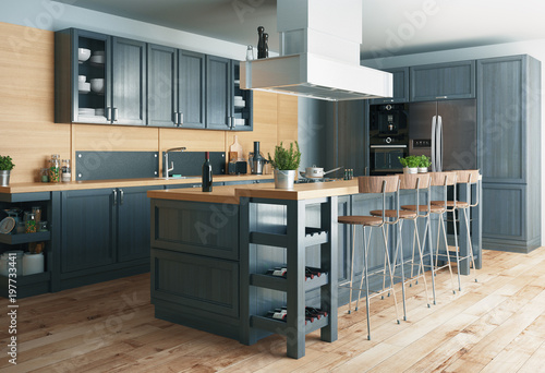 Cucina moderna, design minimal in legno con parquet,con banco e sgabelli, render 3d