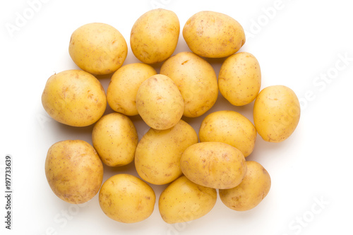 New potato and rosemarin isolated on white background close up.