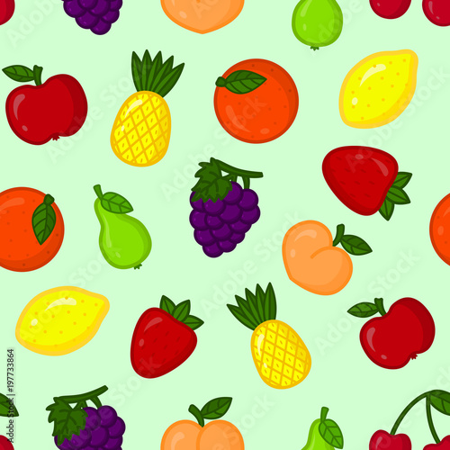Fototapeta Naklejka Na Ścianę i Meble -  Seamless pattern with cartoon fruits on light green background. Eco design with fruit icons for supermarket brochure, wrapping paper, fabric. Vector