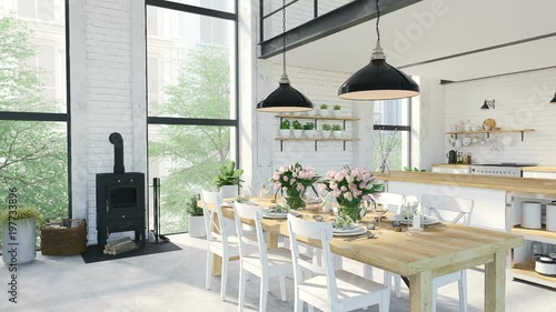 3d rendering. loft apartment with living room and kitchen.