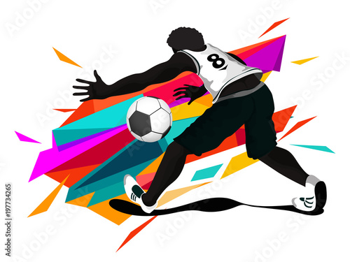 Soccer player trying to kick soccer ball on colorful abstract background.