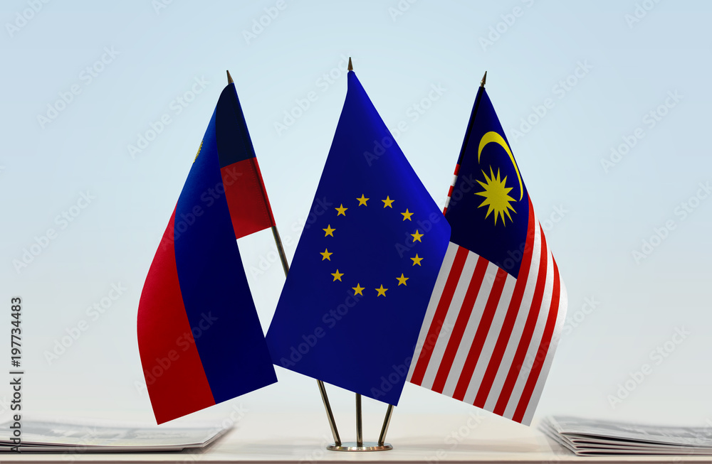Flags of Liechtenstein European Union and Malaysia