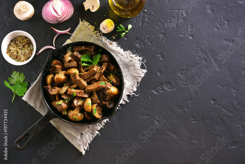 Beef stroganoff with mushrooms, top view