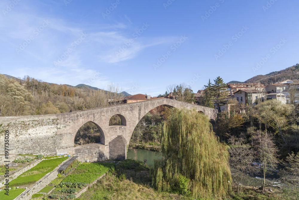 Village view, river and bridge in village of Sant Joan de les Abadesses, Ripolles region comarca, province Girona, Catalonia.