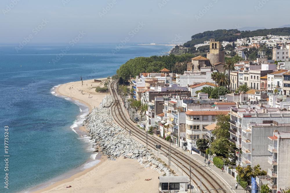 View of catalan village of Sant Pol de Mar, beach and mediterranean sea, province Barcelona, comarca Maresme, Catalonia,Spain.