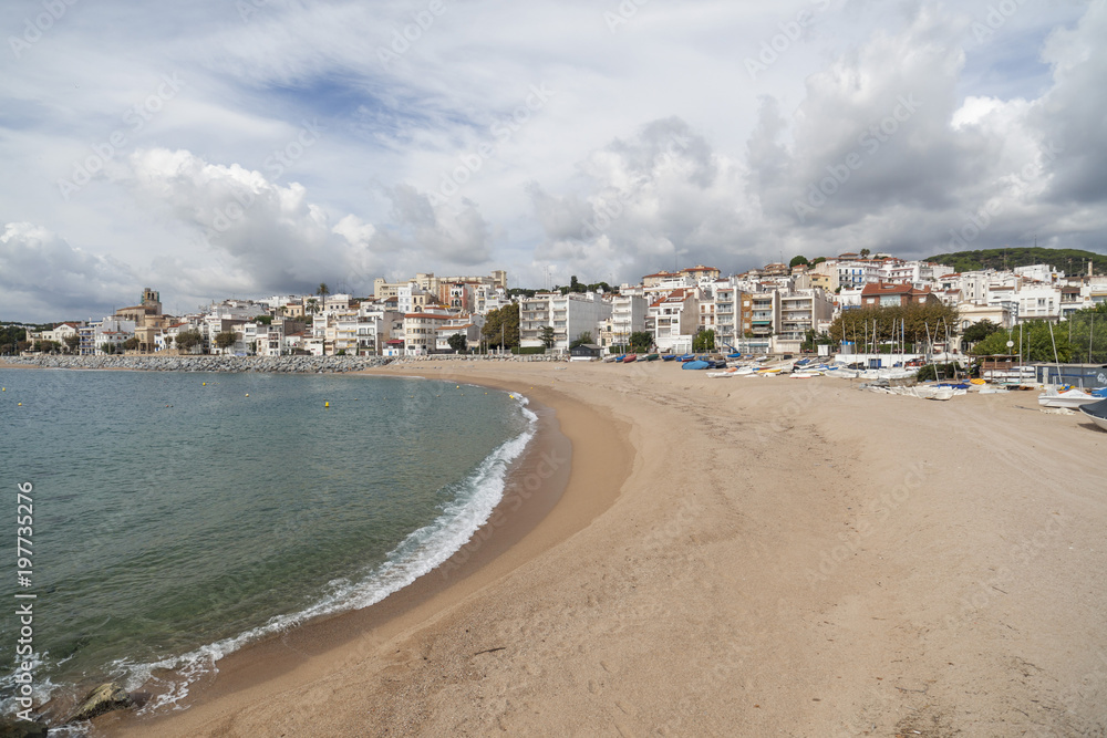Beach and mediterranean sea in catalan village of Sant Pol de Mar, province Barcelona, comarca Maresme, Catalonia,Spain.