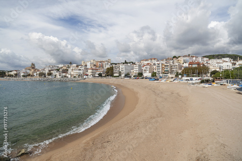Beach and mediterranean sea in catalan village of Sant Pol de Mar, province Barcelona, comarca Maresme, Catalonia,Spain.