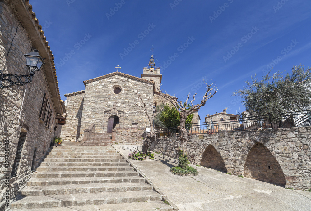 Village view, church of Santa Maria and Sant Joan, baroque style, Santa Maria Olo, moianes region comarca, province Barcelona, Catalonia