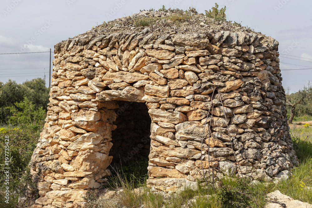Landscape with construction for agricultural use. Stonecraft, Barraca de vinya, or caseta de pedra seca. Typical mediterranean rural structure. Santa Oliva,Catalonia,Spain.