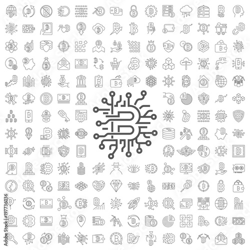 Big set with blockchain and cryptomoney icons. Editable Stroke