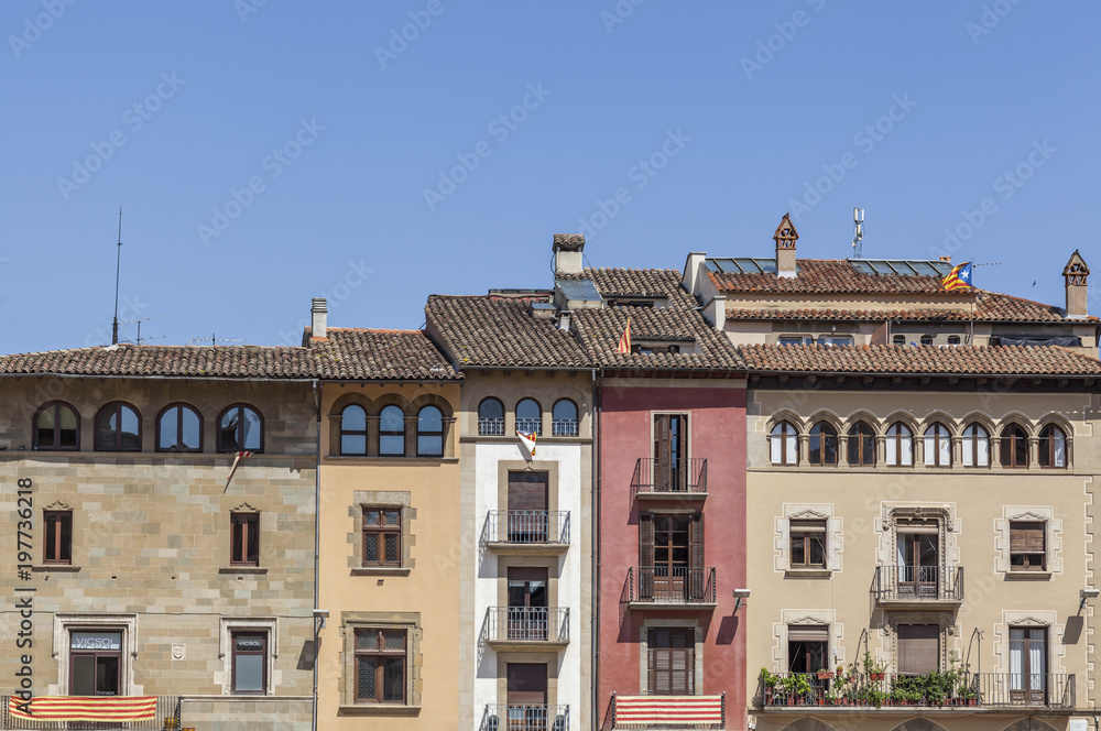 City view, colored buildings in main square, plaza major, Vic, province Barcelona,Catalonia.Spain.
